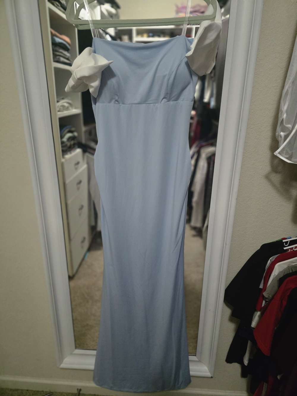 Size M Pale Blue Bun Shoulders Gown with White Puff Sleeve